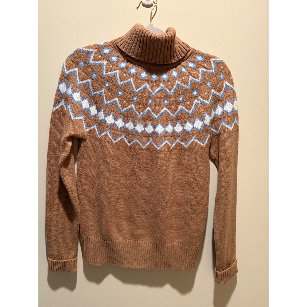 J.Crew Fair Isle Turtleneck Sweater Camel Brown Blue Embellished Gem Womens XS